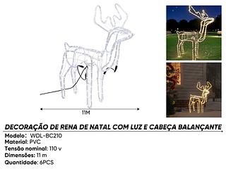 decoração de rena com luzes e cabeça balançante